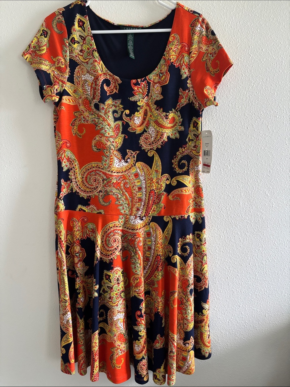 Lauren Ralph Lauren Orange and Navy Paisley Fit & Flare Midi Dress